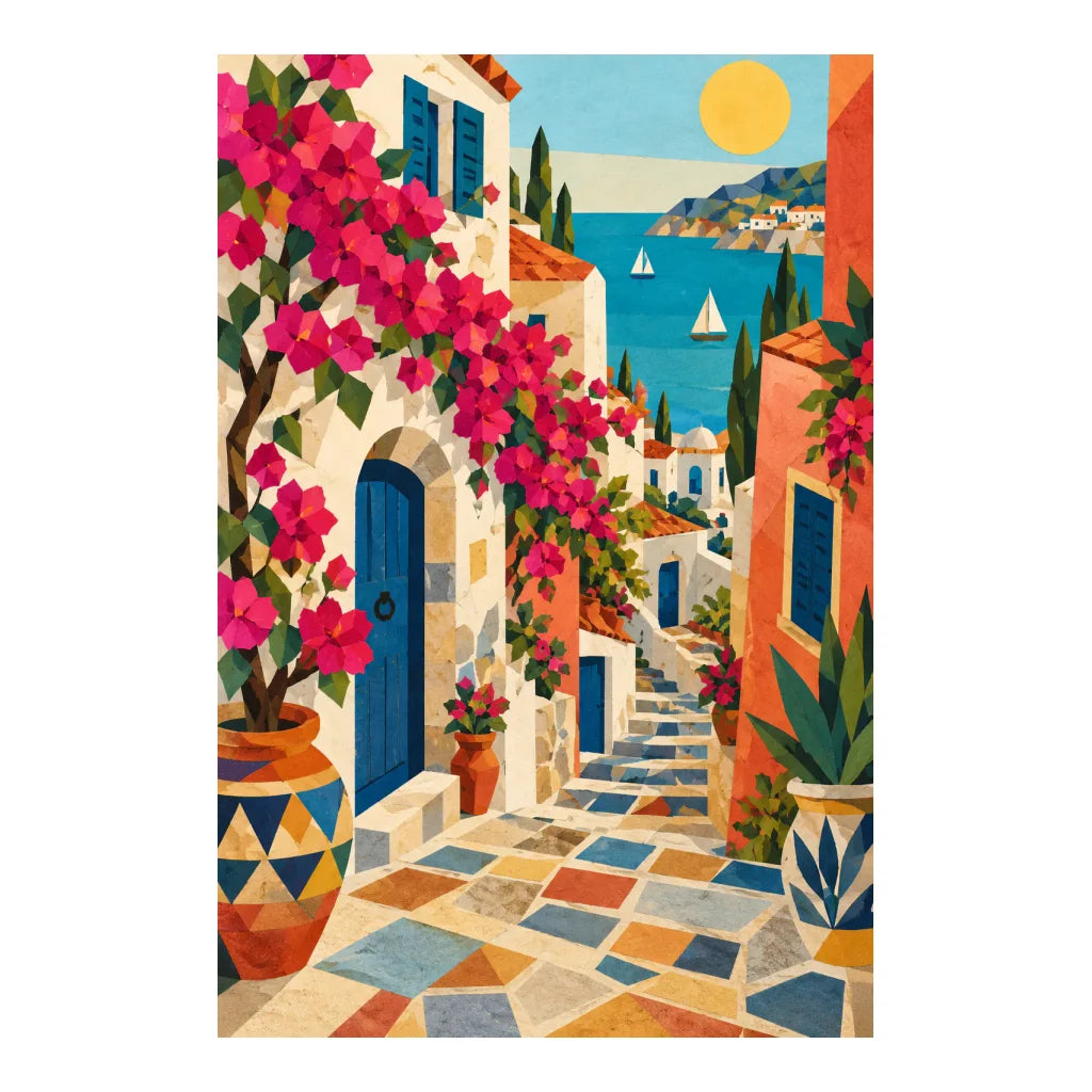 White-background original artwork of a Mediterranean flower alley with colorful homes and a blue sea