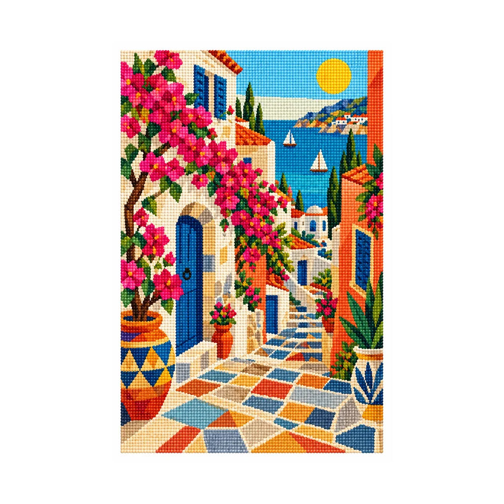 White-background finished diamond painting of the flower-lined Mediterranean alley