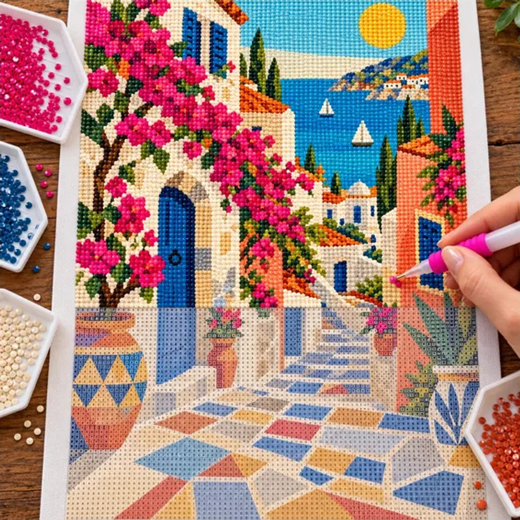 Diamond painting process showing a flower-lined Mediterranean alley with colorful homes and a blue sea being completed with a stylus