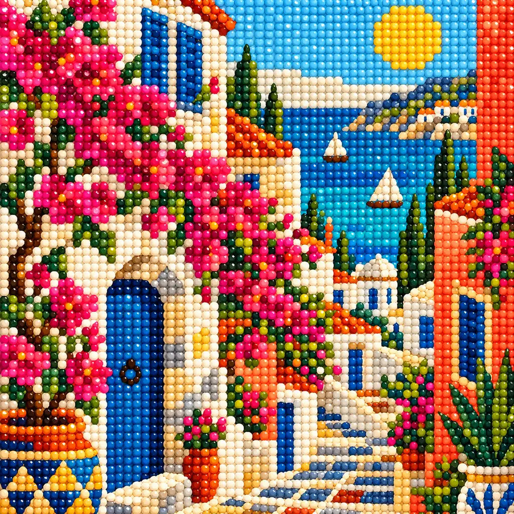 Close-up diamond detail of blossoms and colorful coastal architecture