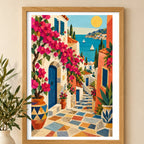 Framed home display of the Mediterranean flower alley diamond painting