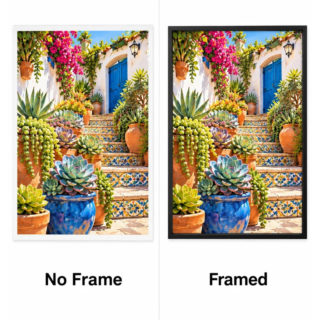 Mediterranean Mosaic Garden Diamond Painting Kit No Frame and Framed comparison