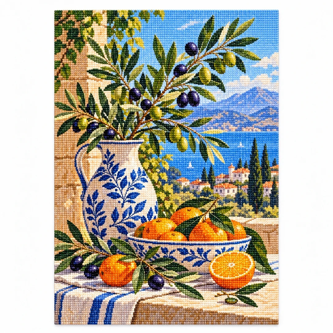 Mediterranean Olive Citrus Diamond Painting Kit finished diamond artwork on white background