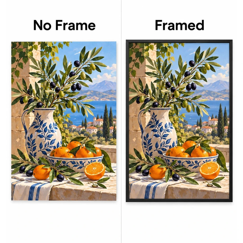 Mediterranean Olive Citrus Diamond Painting Kit No Frame and Framed comparison