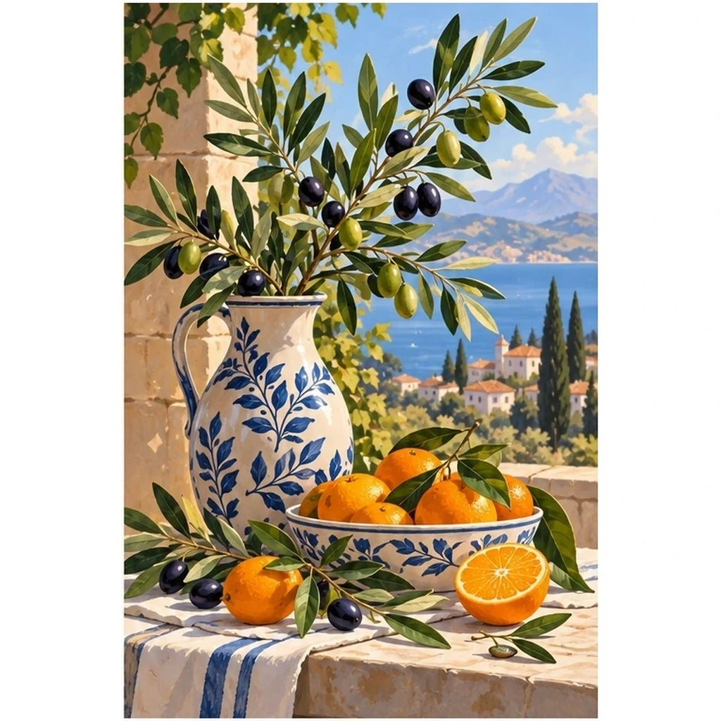 Mediterranean Olive Citrus original artwork on white background