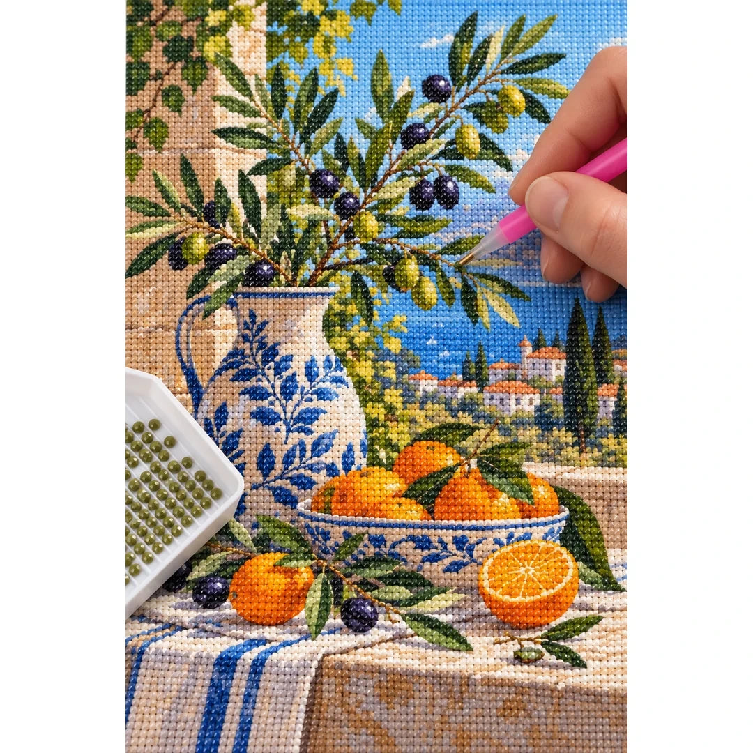 Mediterranean Olive Citrus Diamond Painting Kit diamond placement process