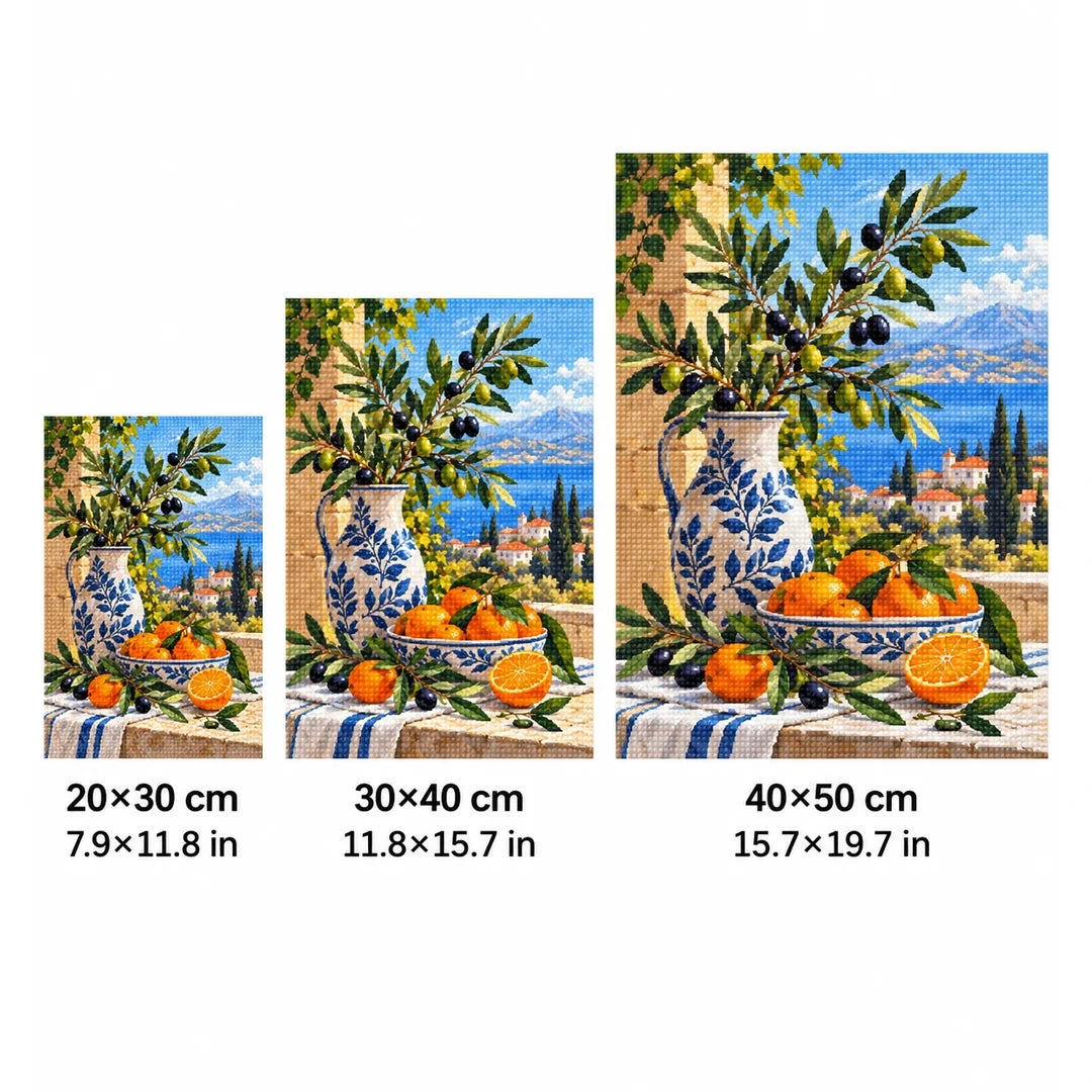 Mediterranean Olive Citrus Diamond Painting Kit size guide