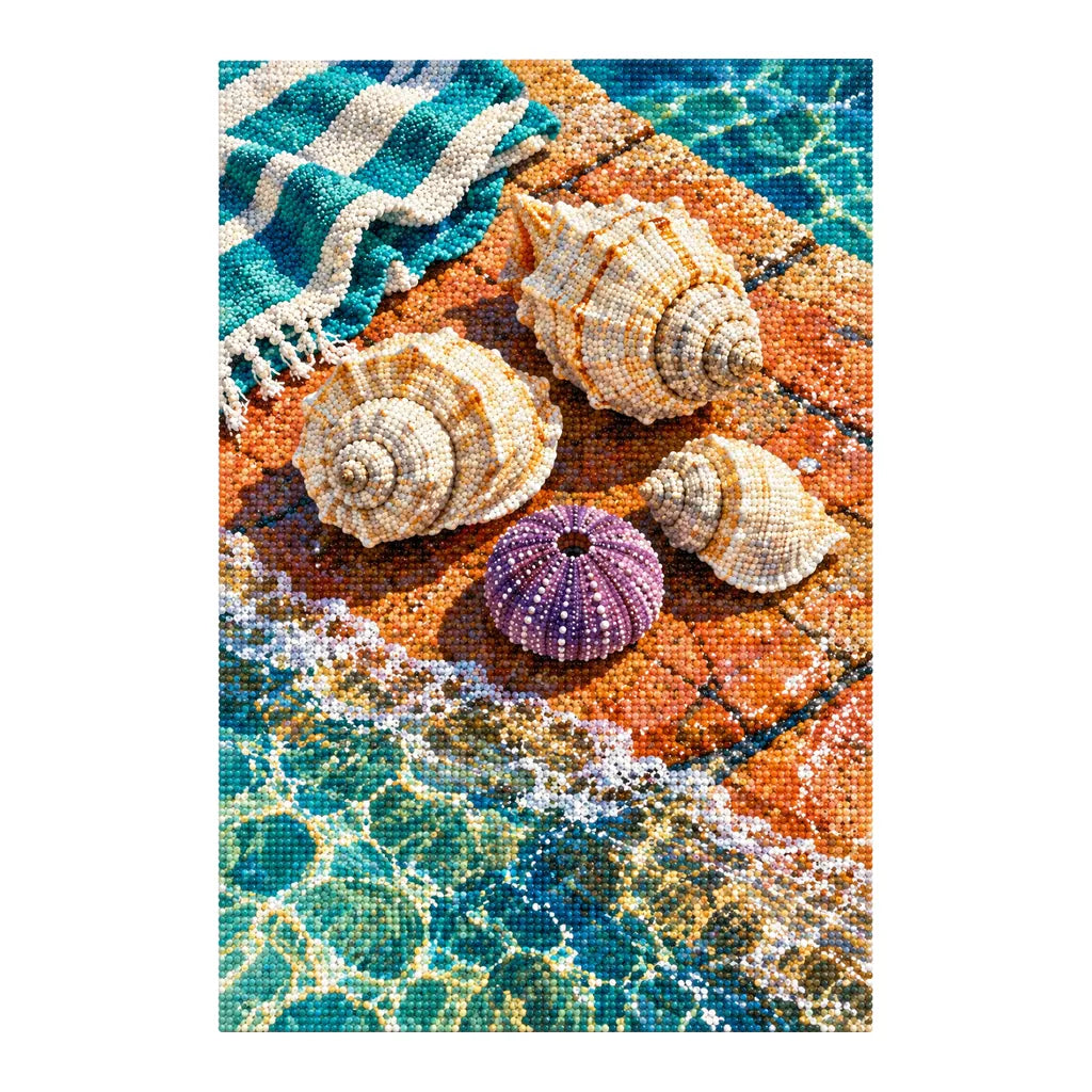 White-background finished diamond painting of Sea Urchins and Shells.