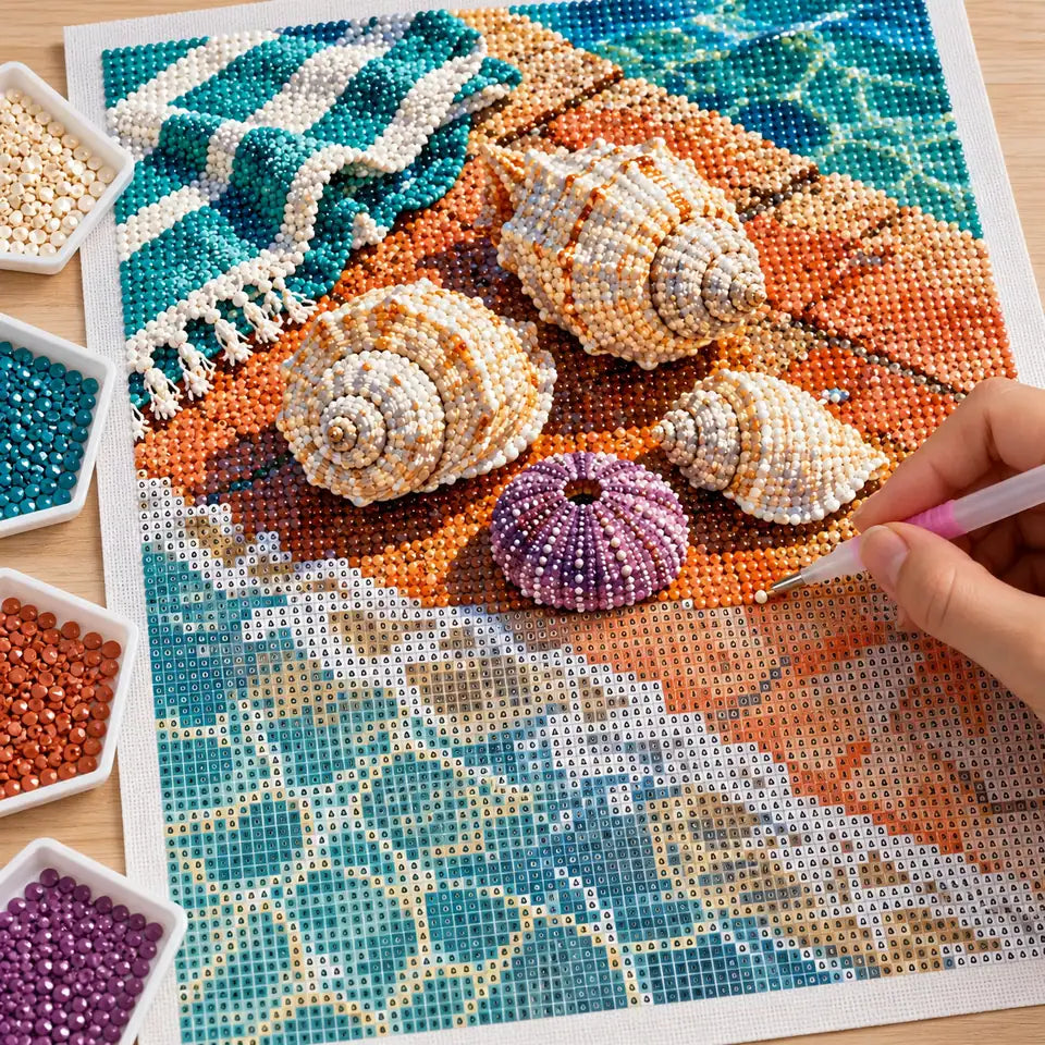 Hands placing diamond drills on the Sea Urchins and Shells design.