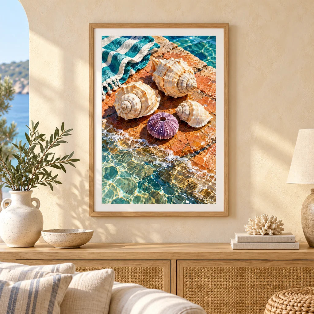 Framed Sea Urchins and Shells diamond painting displayed as home decor.