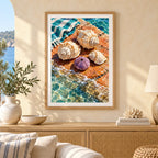 Framed Sea Urchins and Shells diamond painting displayed as home decor.