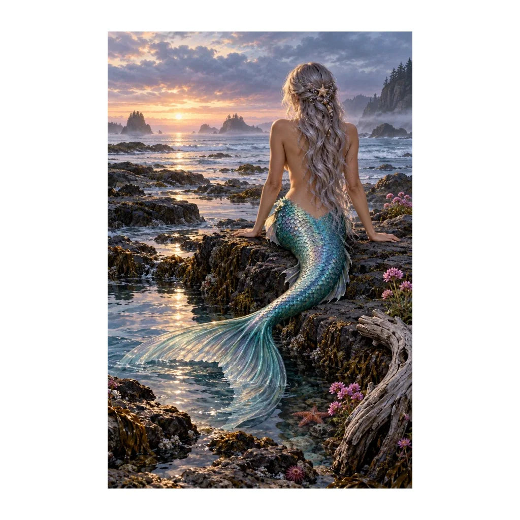 White-background original artwork of a mermaid sitting on rocks beside a sunset tide pool
