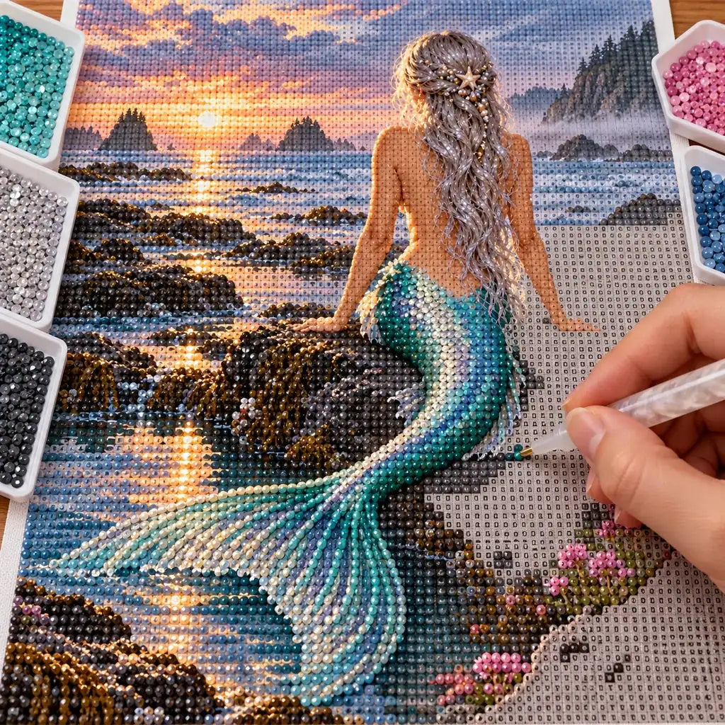 Hands placing drills on the mermaid sunset tide pool diamond painting
