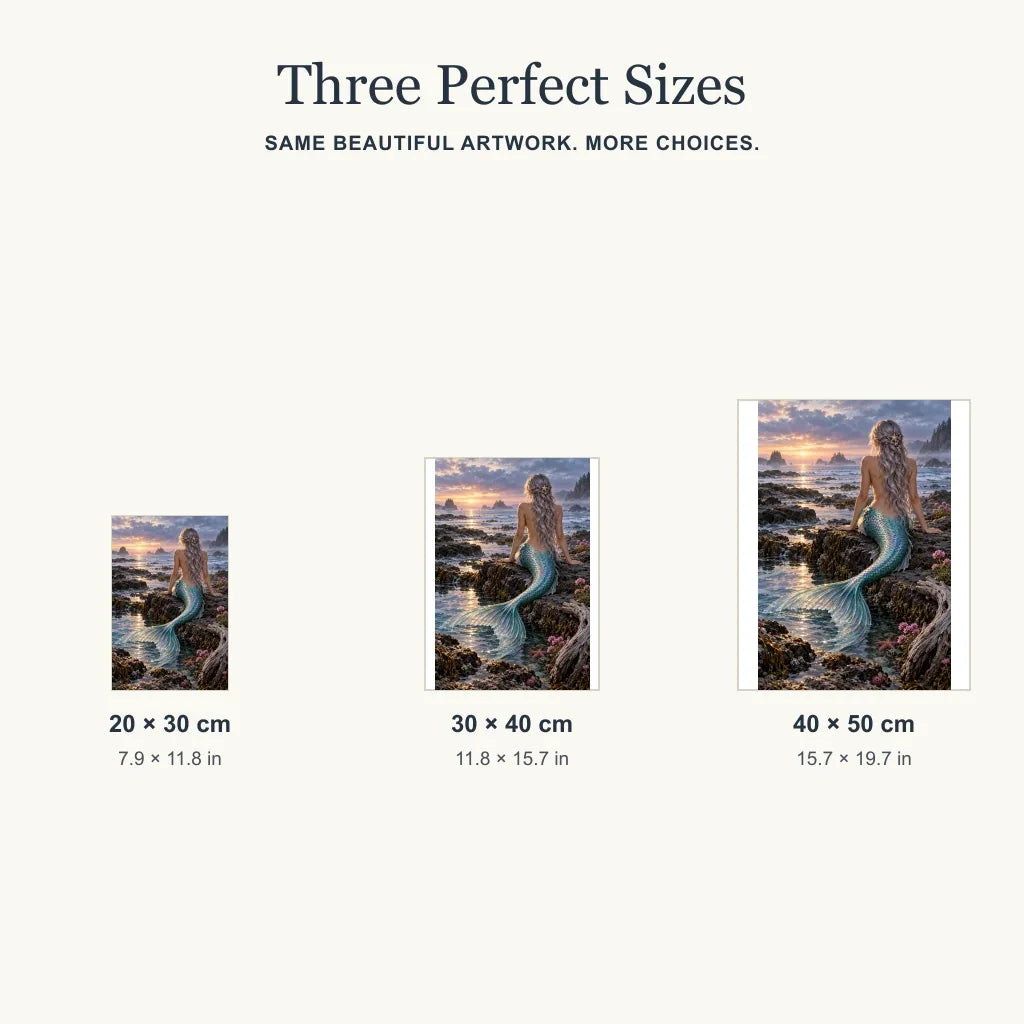 Mermaid sunset tide pool diamond painting in 20 by 30, 30 by 40, and 40 by 50 cm sizes