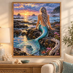Mermaid sunset tide pool diamond painting displayed in a coastal home