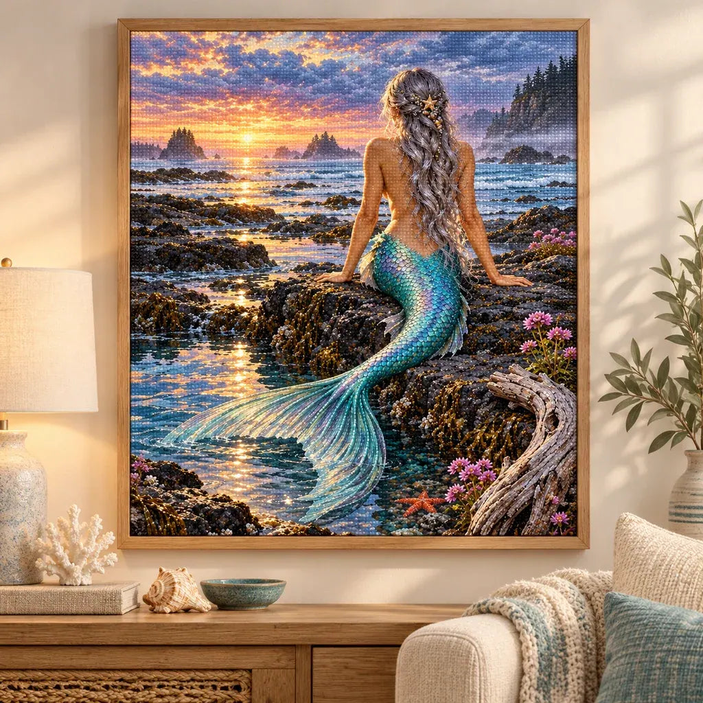 Mermaid sunset tide pool diamond painting displayed in a coastal home