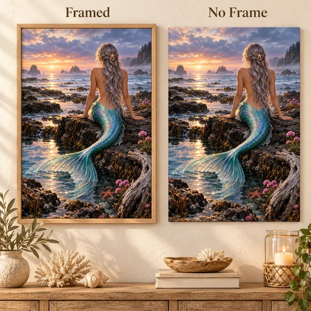 Framed and no-frame options for the mermaid sunset tide pool diamond painting