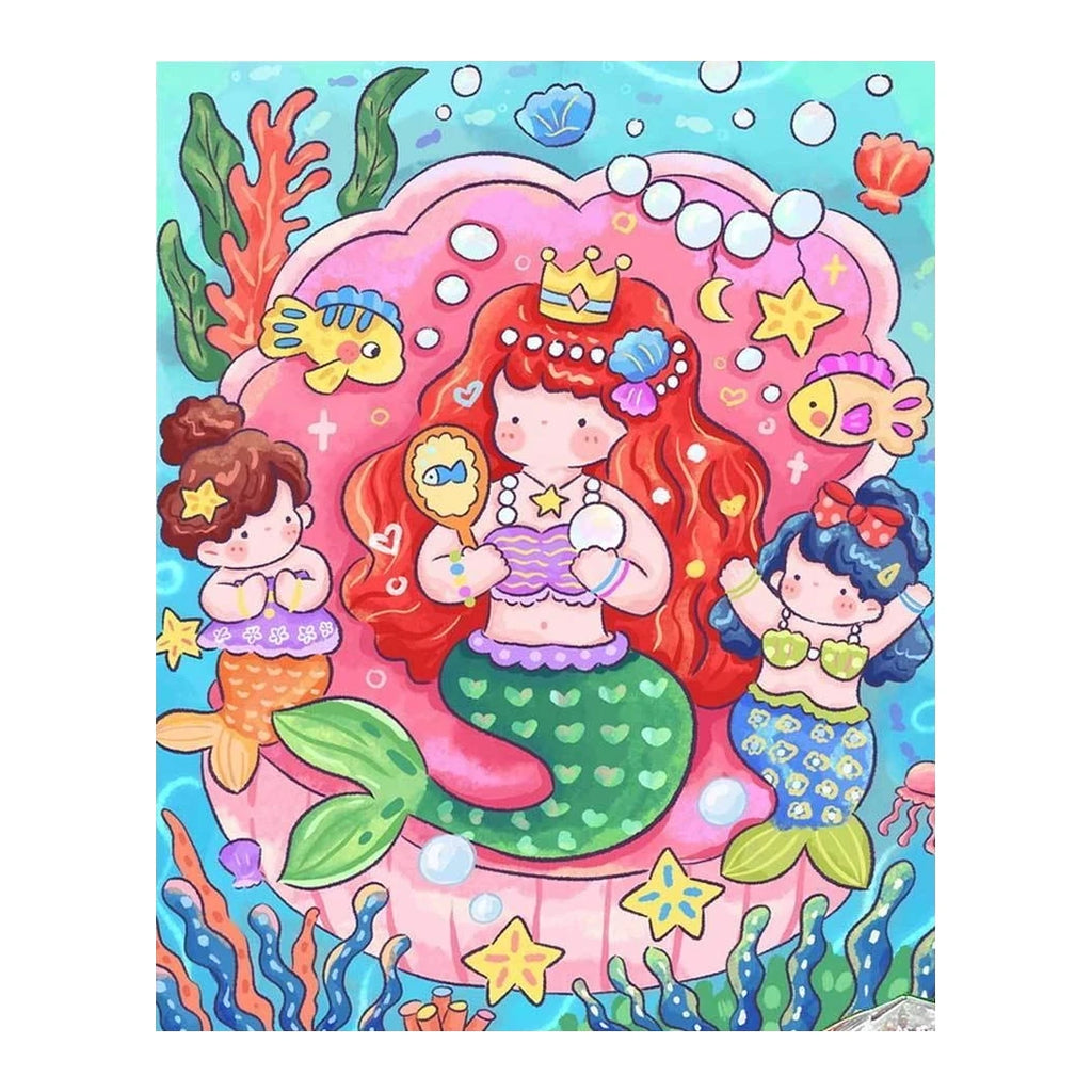 White-background original artwork of mermaid sisters swimming among coral and seashells
