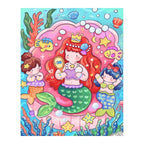 White-background original artwork of mermaid sisters swimming among coral and seashells