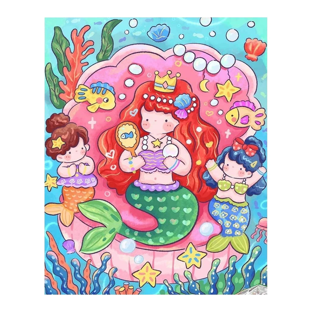 White-background original artwork of mermaid sisters swimming among coral and seashells