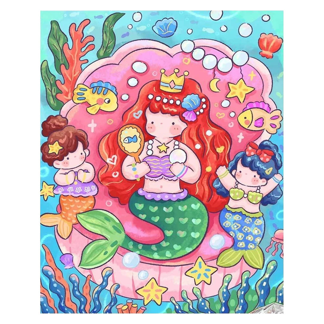 White-background original artwork of mermaid sisters swimming among coral and seashells