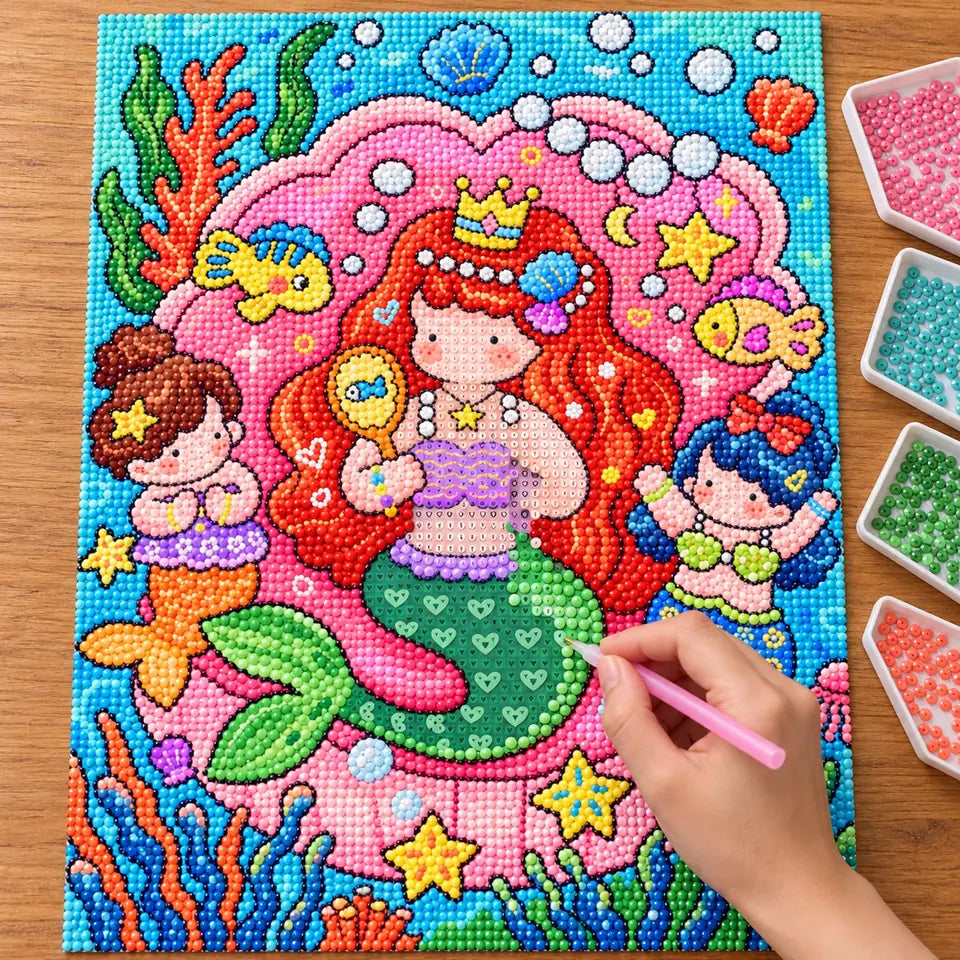 Diamond painting process showing mermaid sisters and coral being completed with a stylus