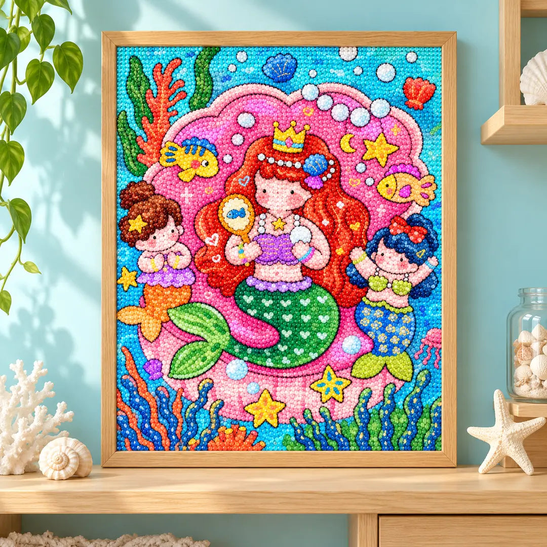 Framed mermaid sisters under the sea diamond painting displayed as home decor