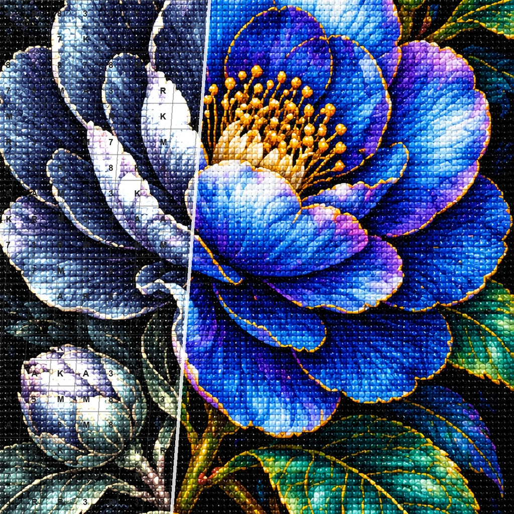 Midnight Blue Camellia Diamond Painting Kit — Diamond and canvas detail