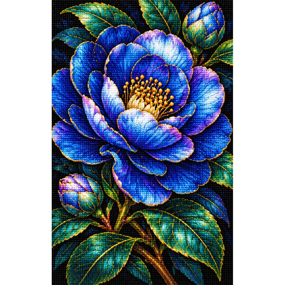 Midnight Blue Camellia Diamond Painting Kit — Finished white-background diamond painting