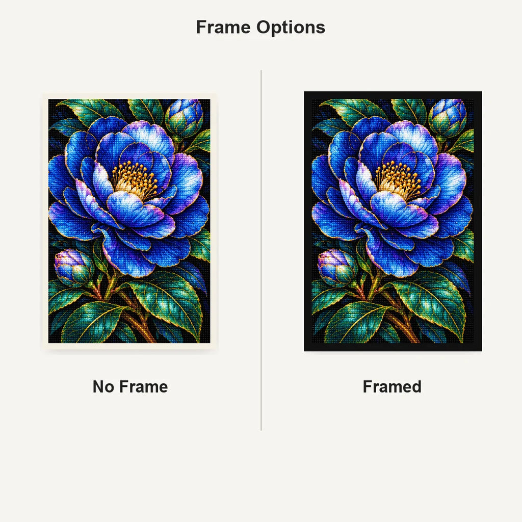 Midnight Blue Camellia Diamond Painting Kit — No Frame and Framed comparison