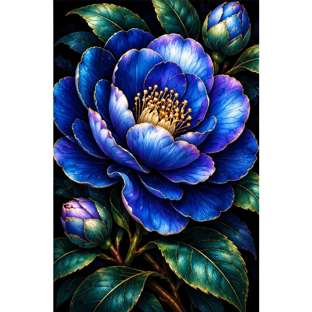 Midnight Blue Camellia Diamond Painting Kit — original white-background artwork