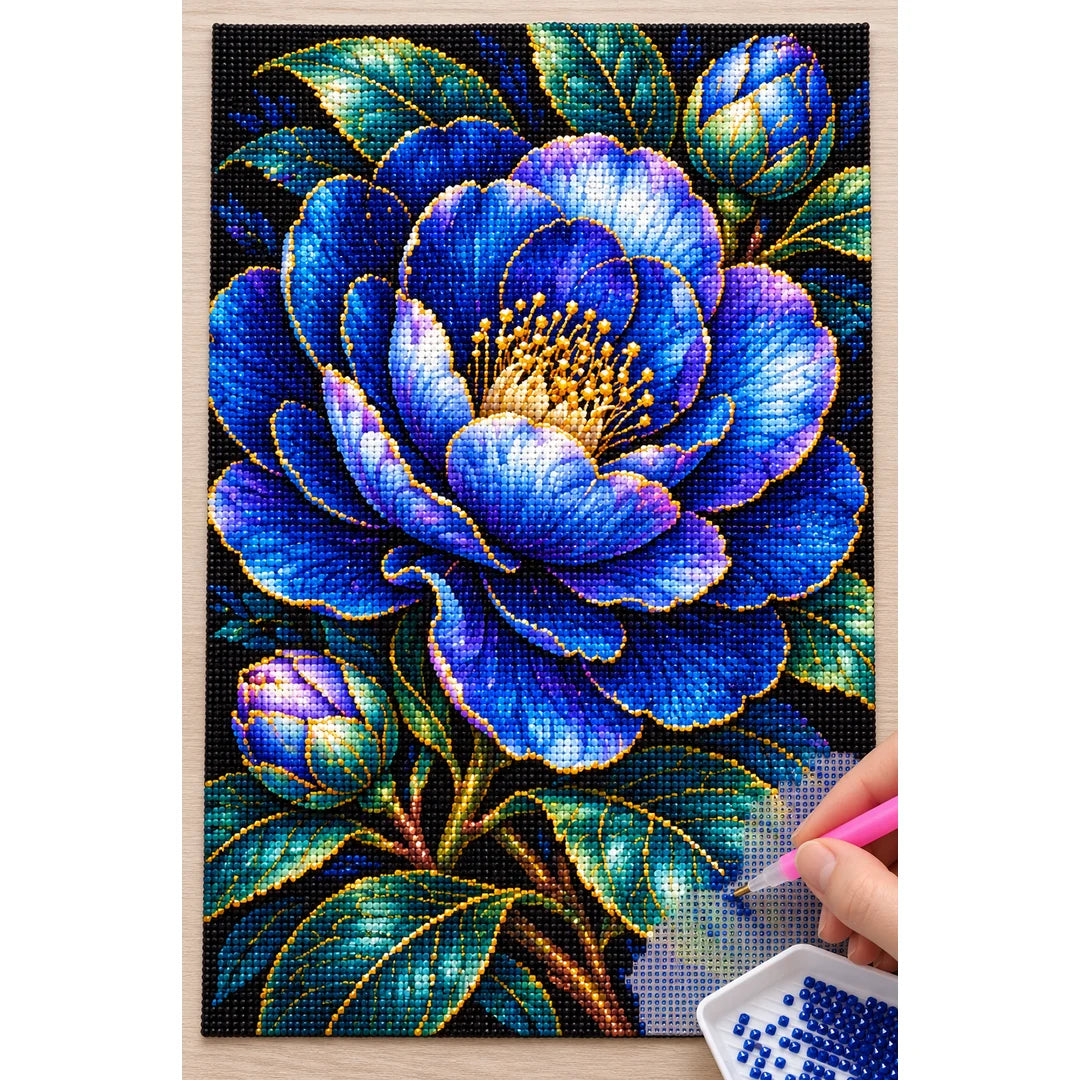 Midnight Blue Camellia Diamond Painting Kit — Diamond painting process