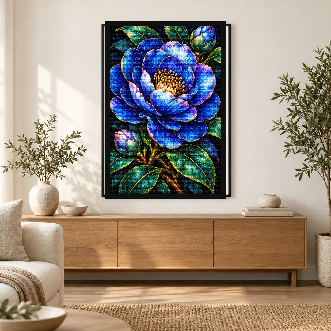 Midnight Blue Camellia Diamond Painting Kit — Home decor scene