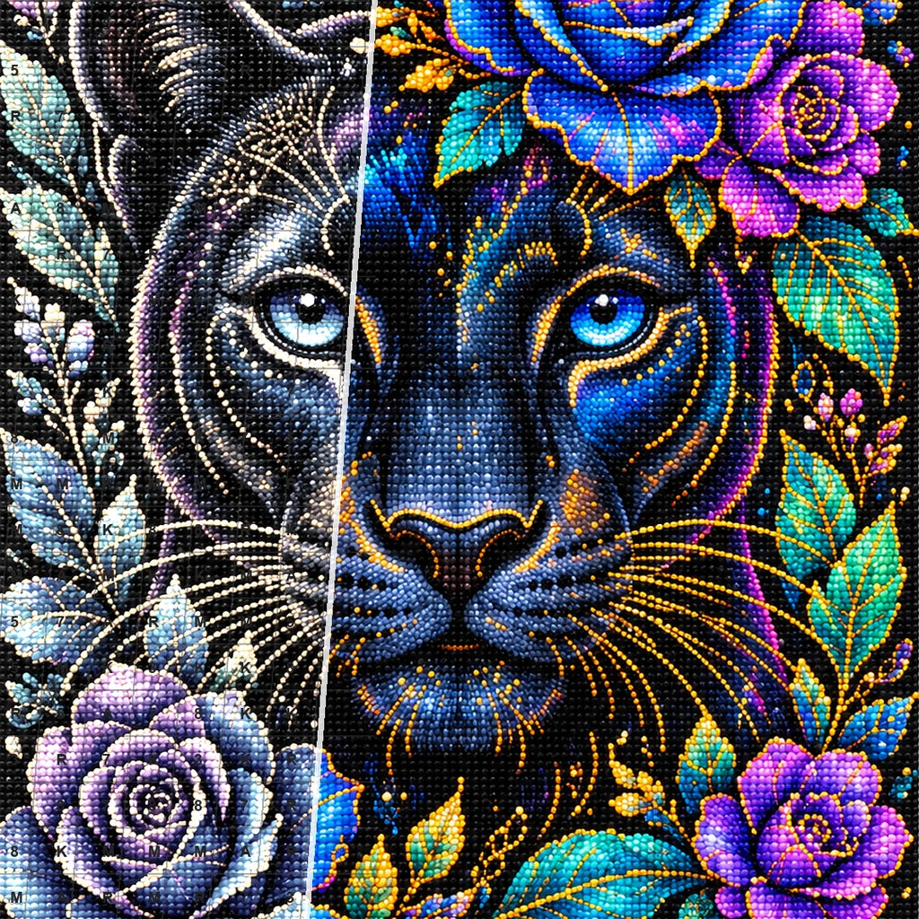 Midnight Blue Floral Panther Diamond Painting Kit — Diamond and canvas detail