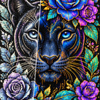 Midnight Blue Floral Panther Diamond Painting Kit — Diamond and canvas detail