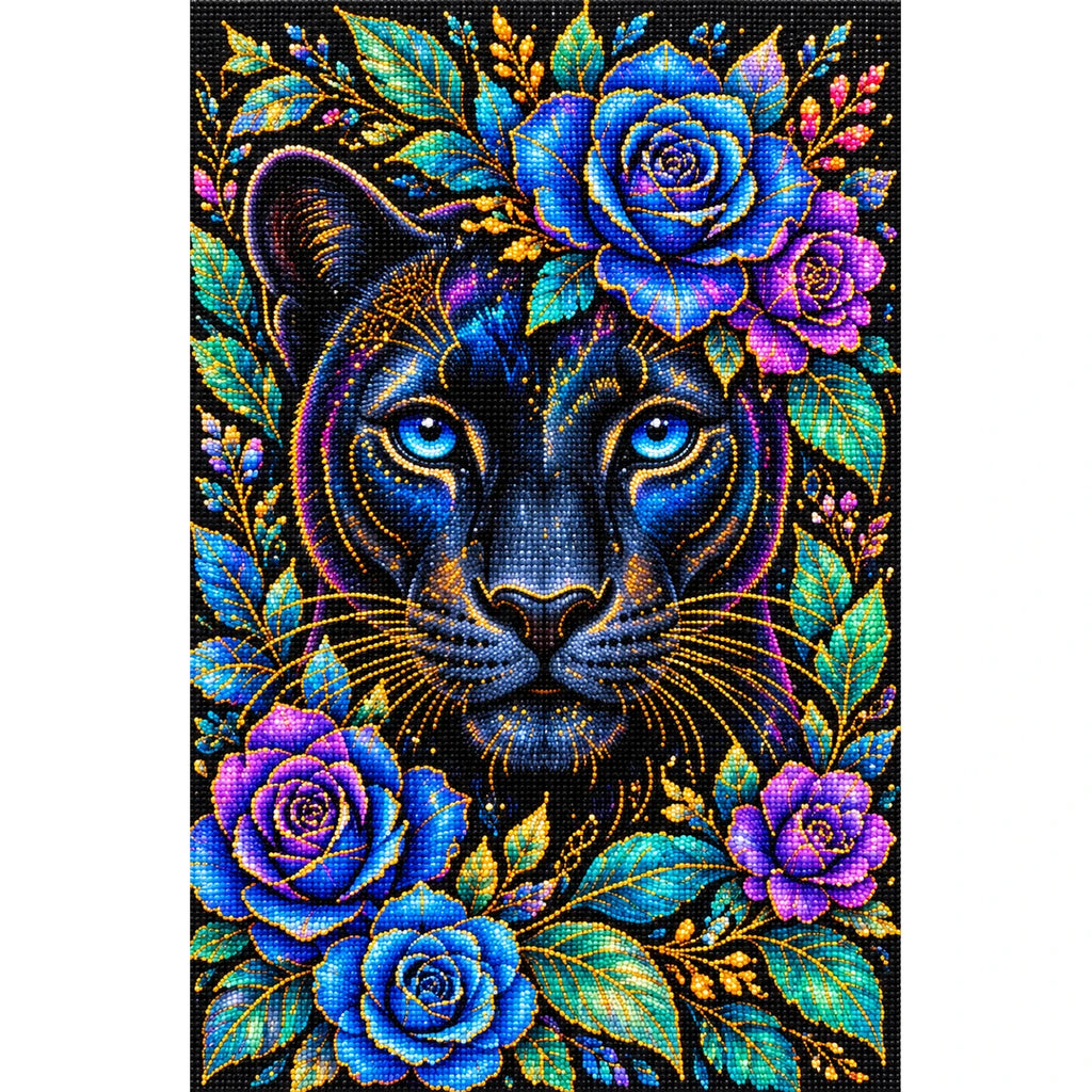 Midnight Blue Floral Panther Diamond Painting Kit — Finished white-background diamond painting