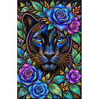 Midnight Blue Floral Panther Diamond Painting Kit — Finished white-background diamond painting