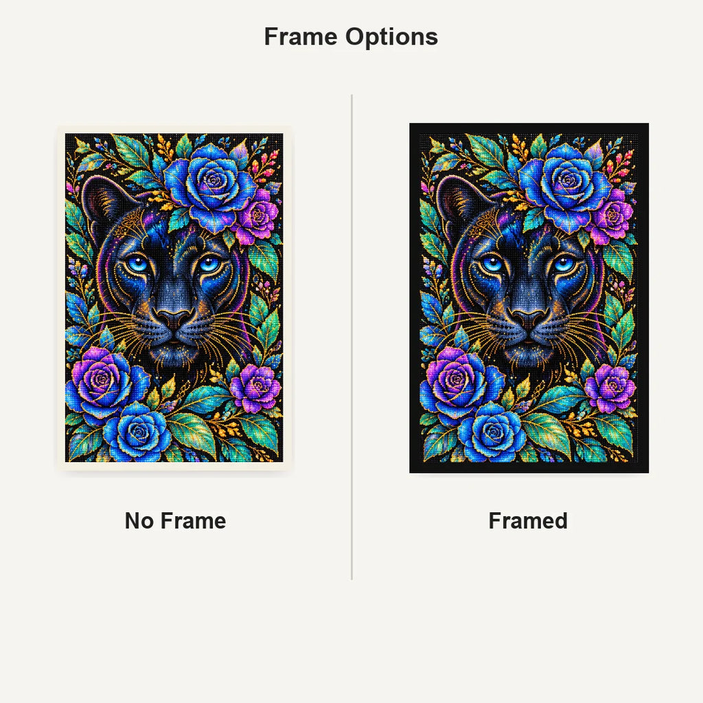 Midnight Blue Floral Panther Diamond Painting Kit — No Frame and Framed comparison