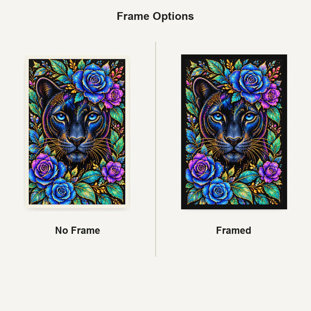 Midnight Blue Floral Panther Diamond Painting Kit — No Frame and Framed comparison