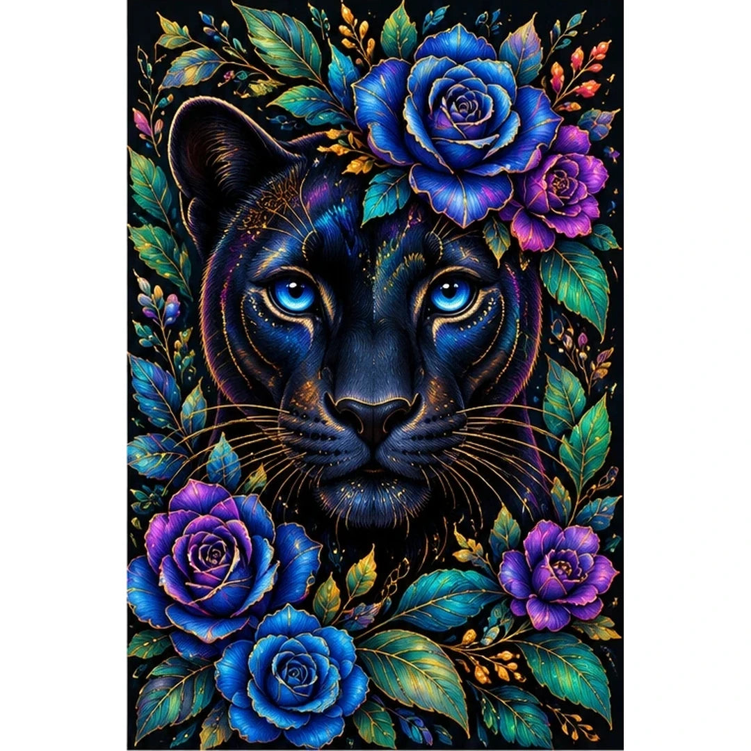 Midnight Blue Floral Panther Diamond Painting Kit — original white-background artwork