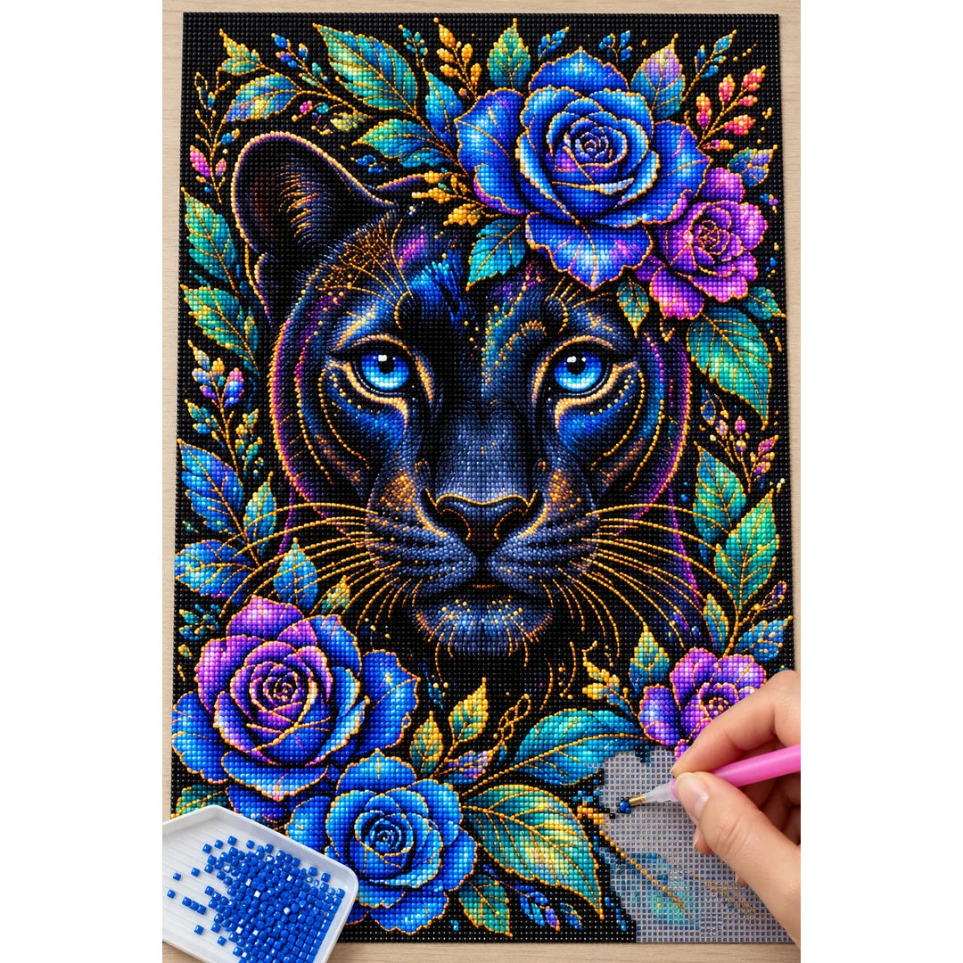 Midnight Blue Floral Panther Diamond Painting Kit — Diamond painting process