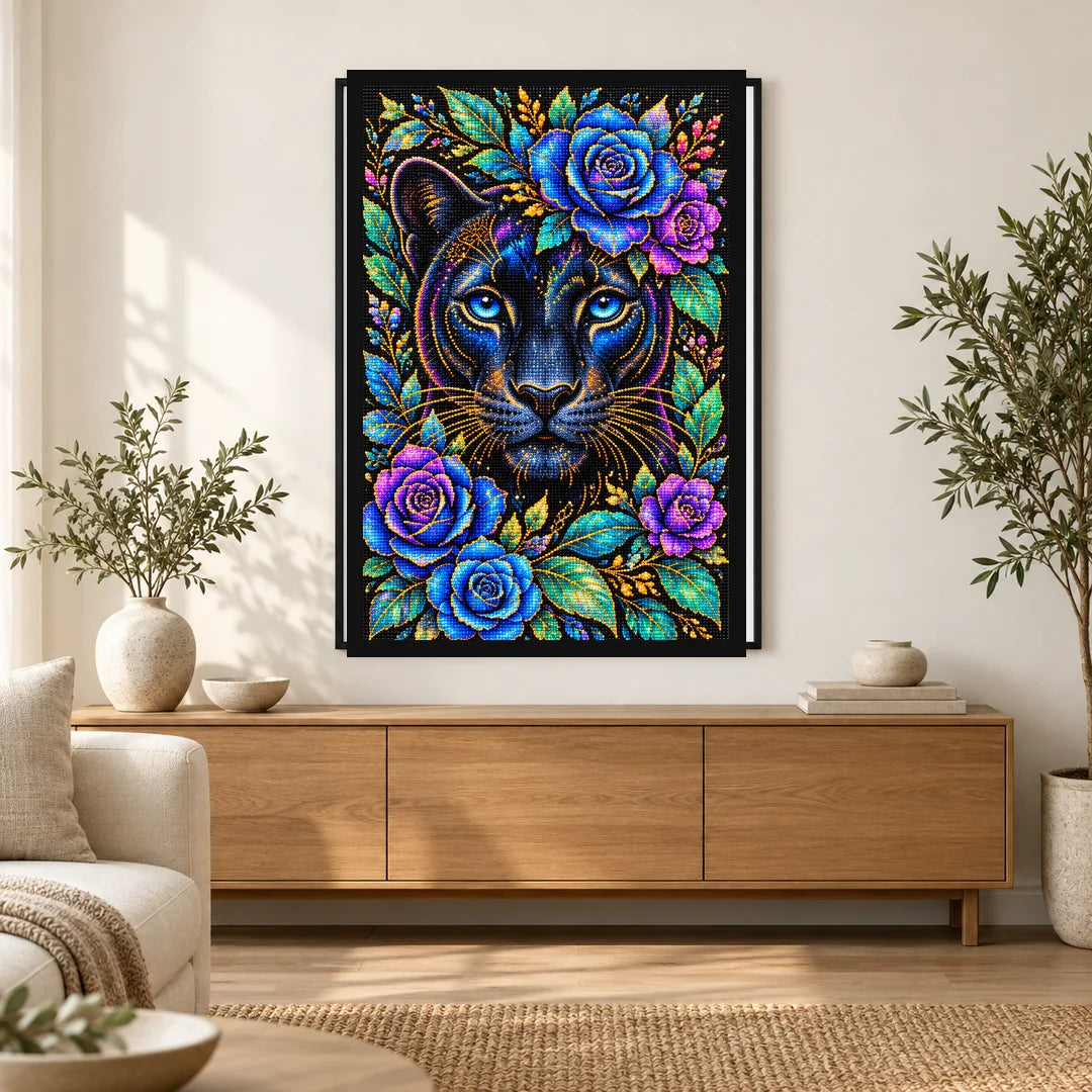 Midnight Blue Floral Panther Diamond Painting Kit — Home decor scene