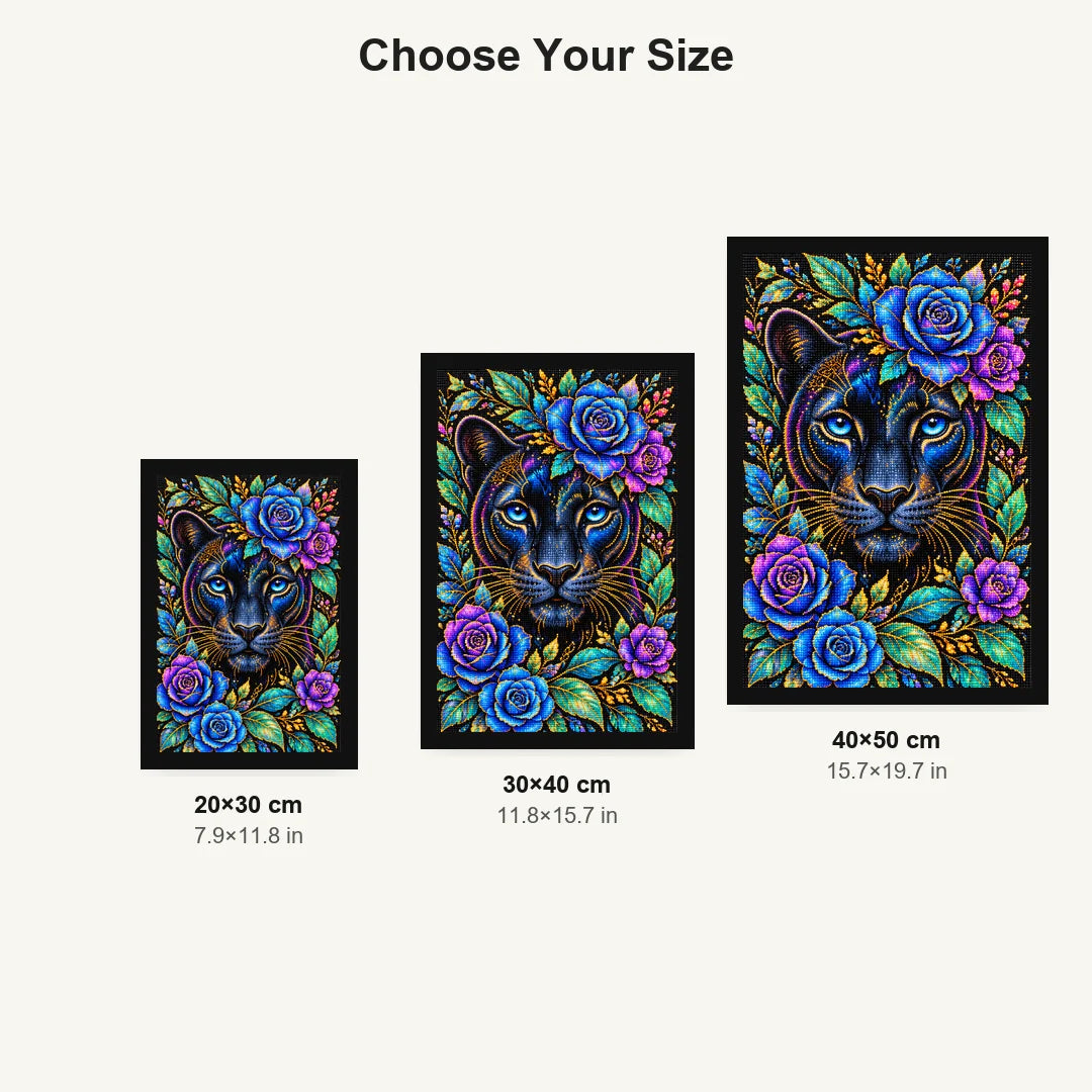 Midnight Blue Floral Panther Diamond Painting Kit — Size guide