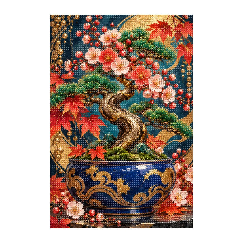 Finished white-background diamond painting of Miniature Bonsai Jade Pot