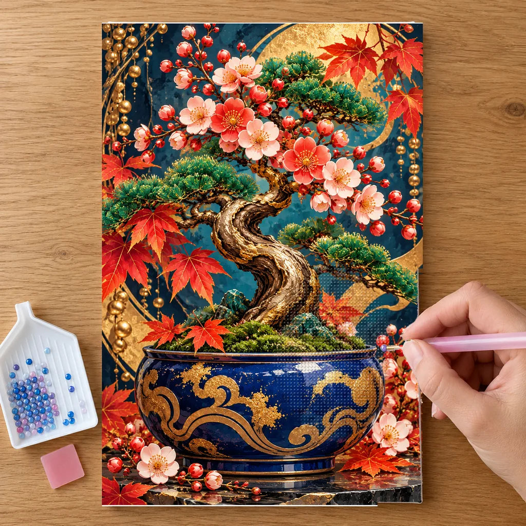 Hands placing drills on the Miniature Bonsai Jade Pot diamond painting canvas