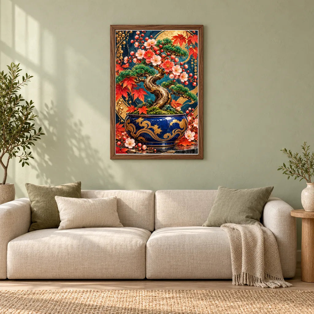Framed Miniature Bonsai Jade Pot diamond painting displayed in a home interior
