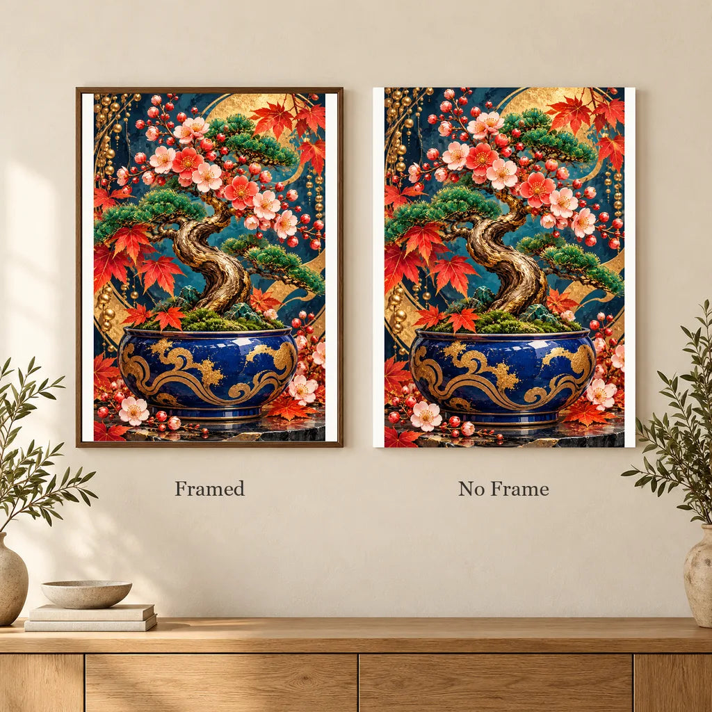 Framed and no-frame options for the Miniature Bonsai Jade Pot diamond painting