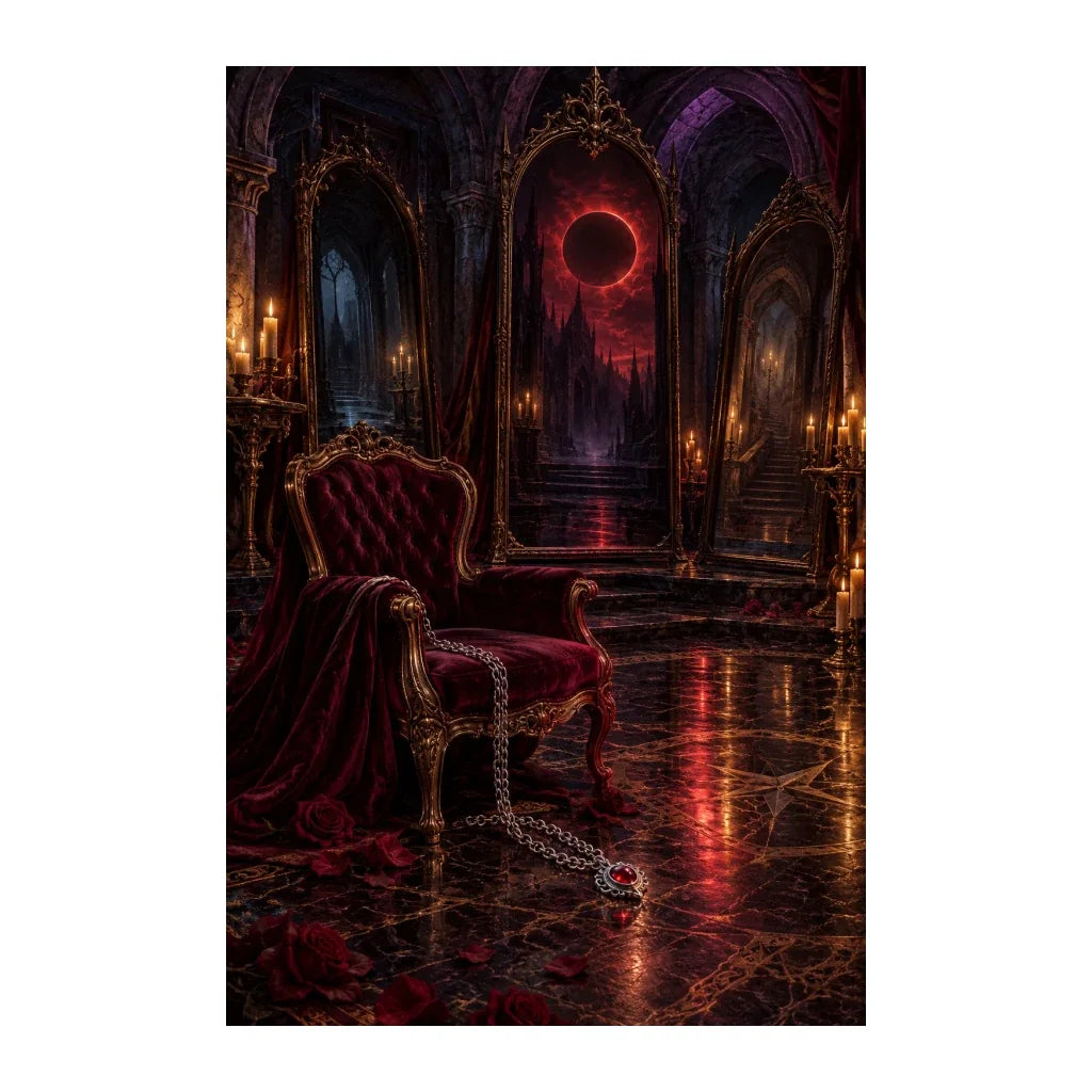 Original illustration of a red portal in an ornate mirrored labyrinth chamber, on a white background