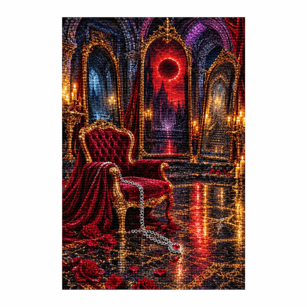 Finished diamond painting of a glowing red portal in a gothic labyrinth chamber