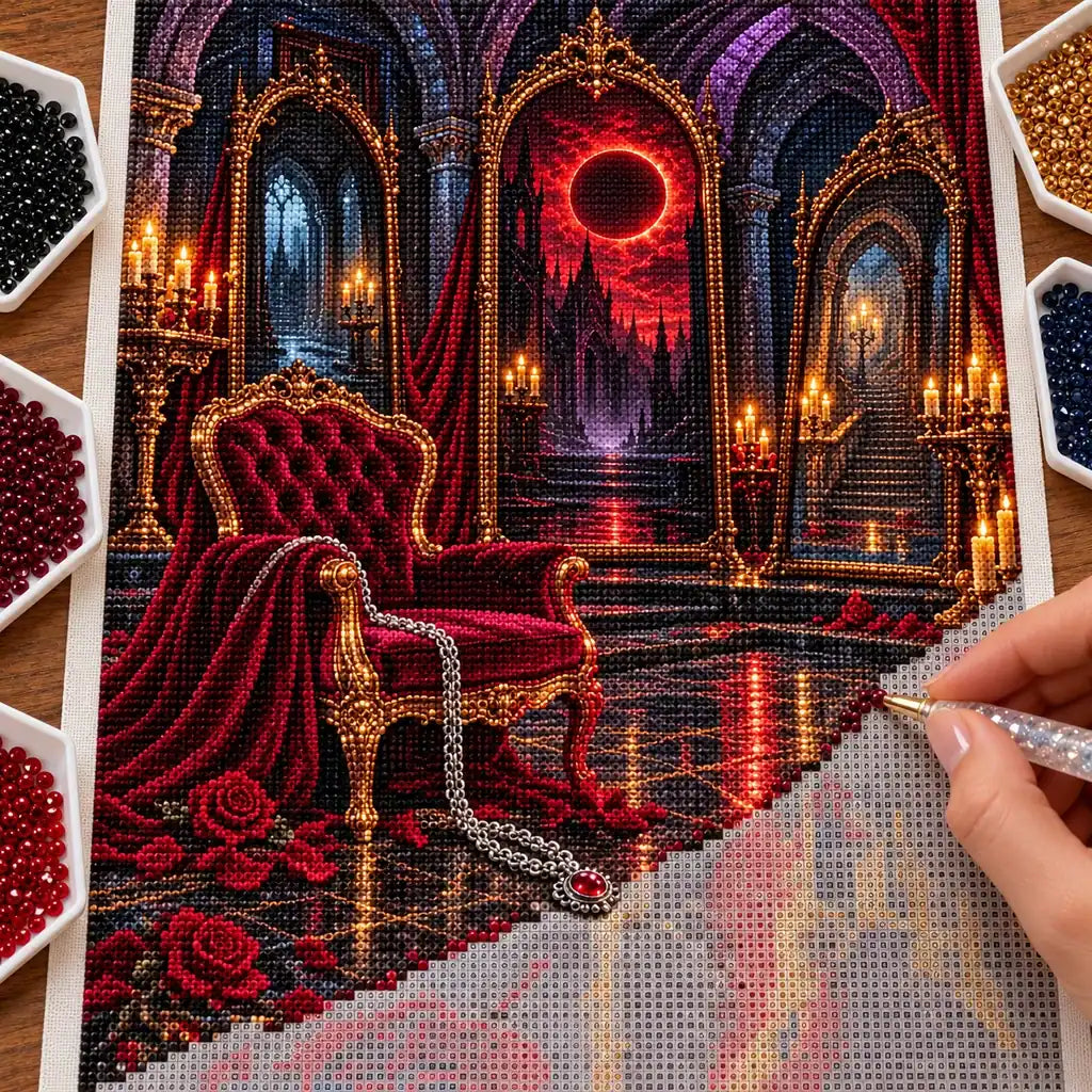Hand placing diamond drills on the mirror labyrinth chamber canvas